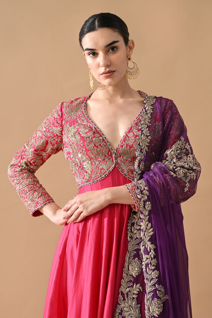 Rani Pink Zari Embroidered Anarkali with Contrast Dupatta