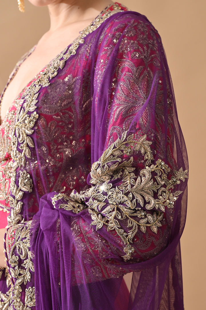 Rani Pink Zari Embroidered Anarkali with Contrast Dupatta