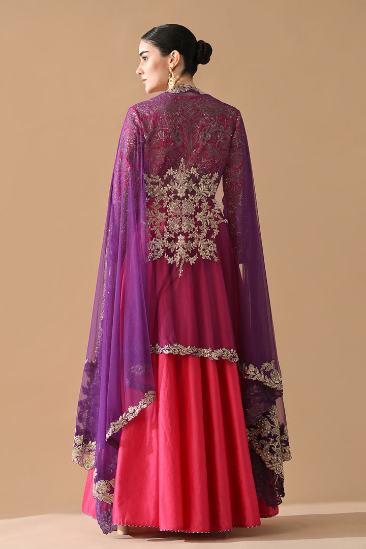Rani Pink Zari Embroidered Anarkali with Contrast Dupatta