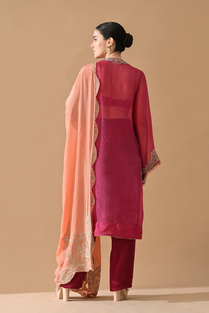 Rose Pink Ornate Embroidered Kurta Set with Contrast Dupatta