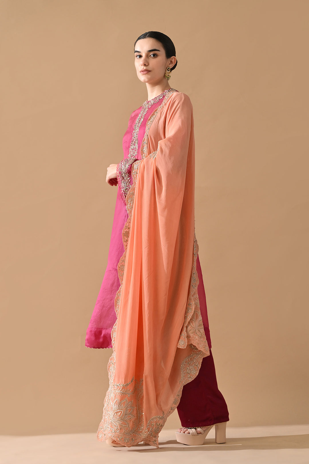 Rose Pink Ornate Embroidered Kurta Set with Contrast Dupatta