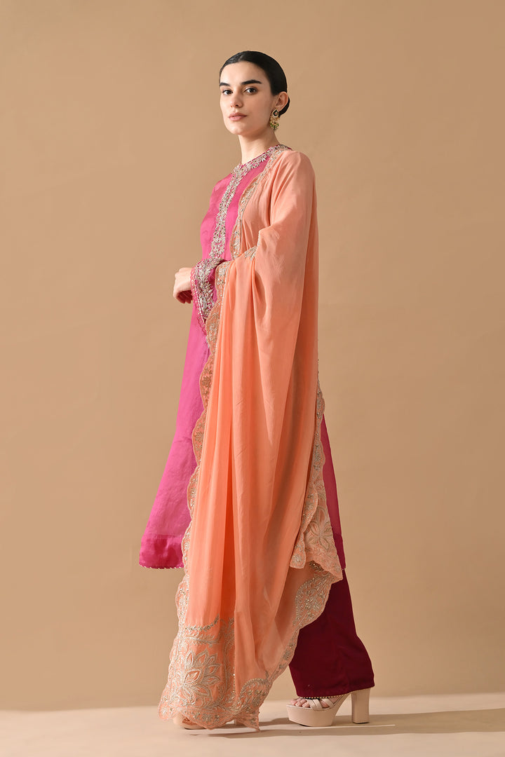 Rose Pink Ornate Embroidered Kurta Set with Contrast Dupatta
