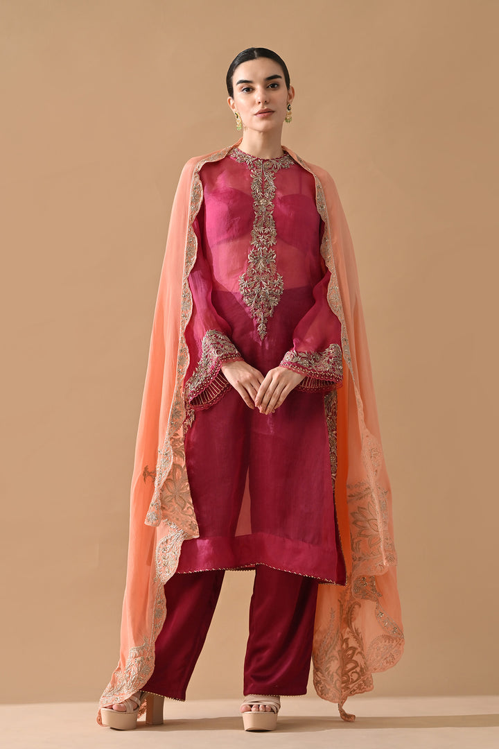 Rose Pink Ornate Embroidered Kurta Set with Contrast Dupatta