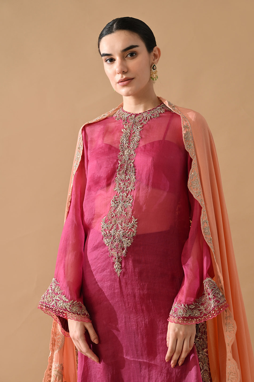 Rose Pink Ornate Embroidered Kurta Set with Contrast Dupatta