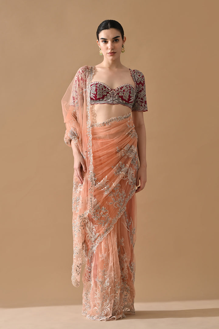Peach Embroidered Saree with Contrast Blouse