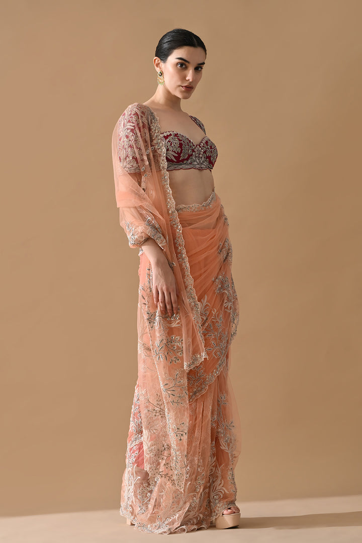 Peach Embroidered Saree with Contrast Blouse