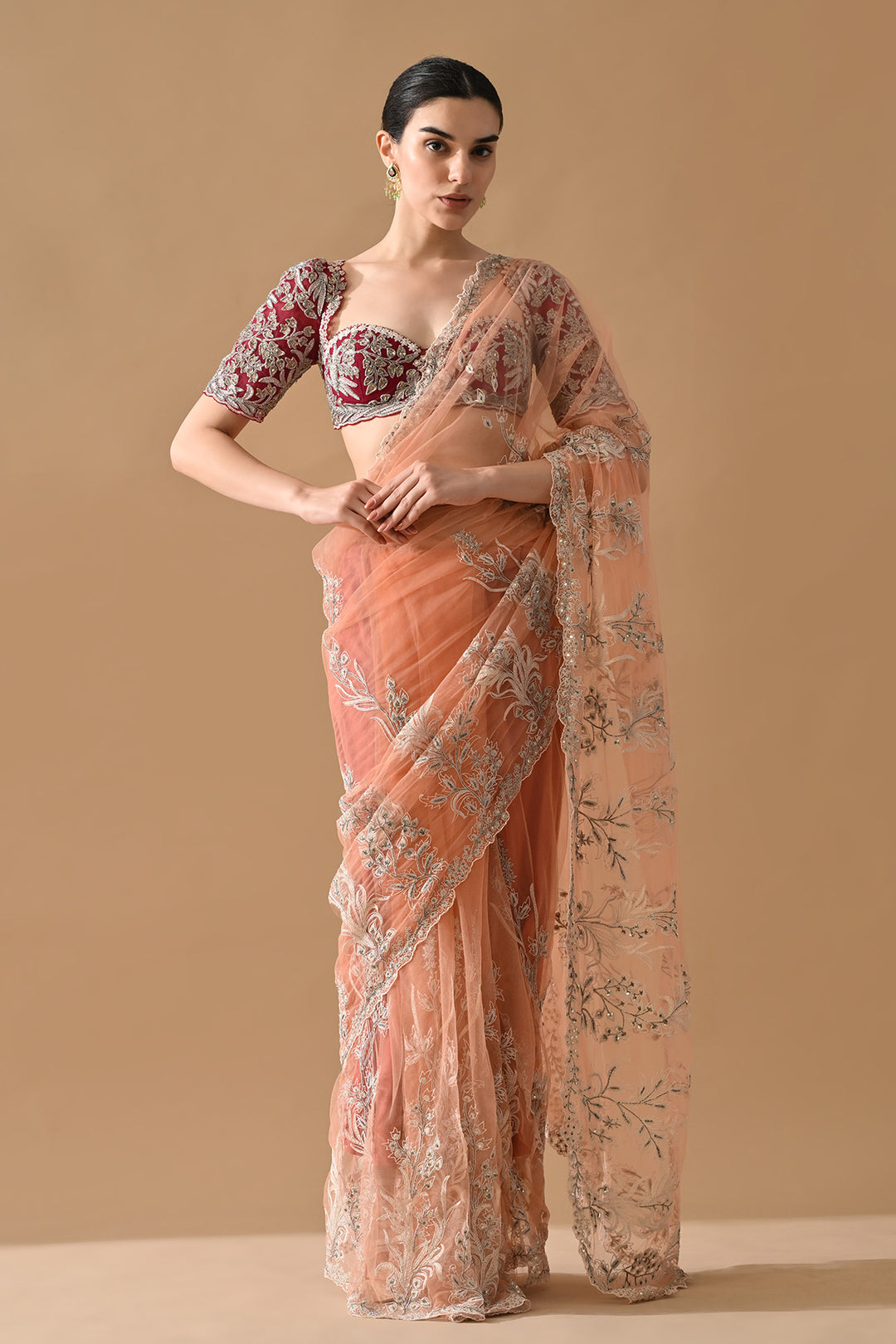 Peach Embroidered Saree with Contrast Blouse