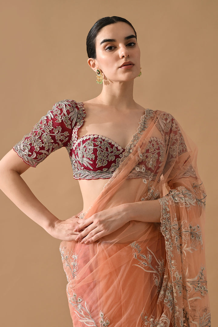 Peach Embroidered Saree with Contrast Blouse
