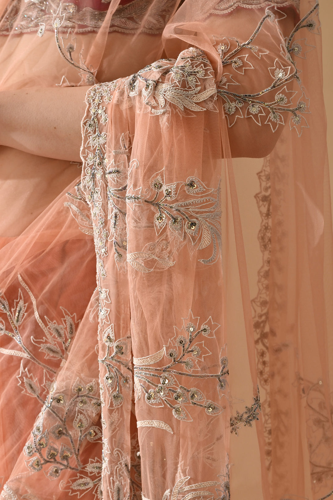 Peach Embroidered Saree with Contrast Blouse