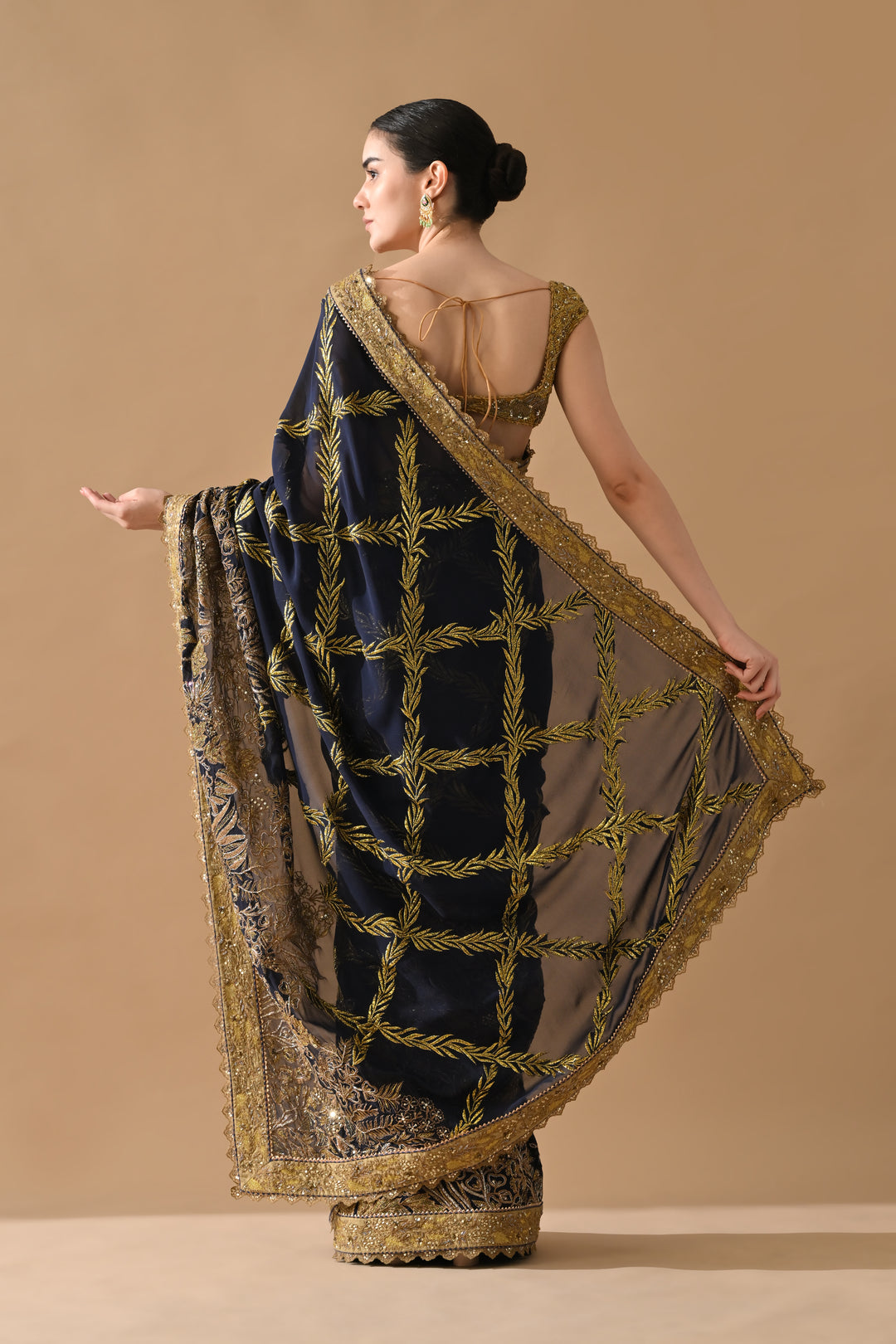 Midnight Navy Gold Thread Embroidered Saree