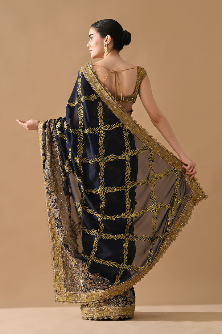 Midnight Navy Gold Thread Embroidered Saree
