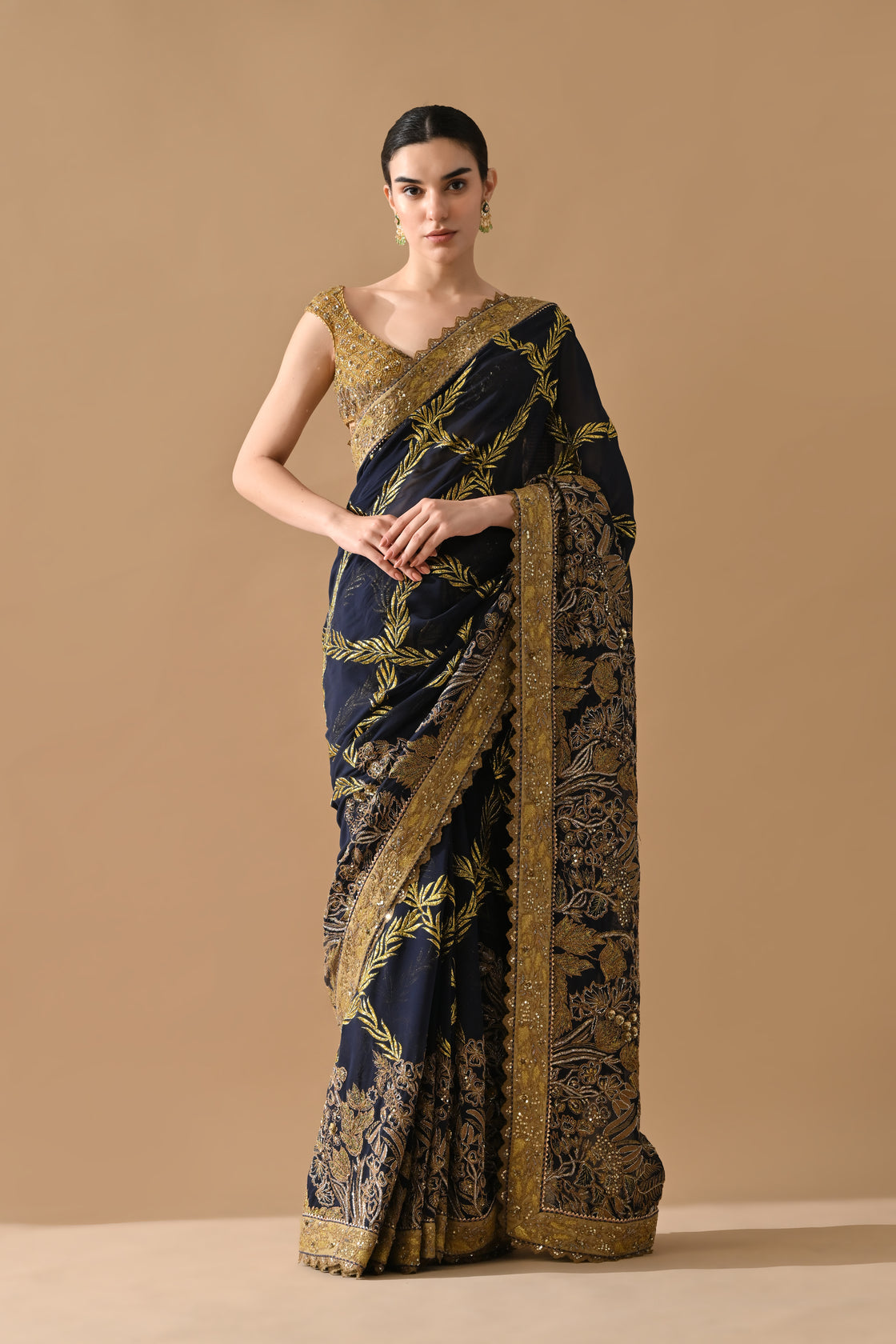Midnight Navy Gold Thread Embroidered Saree