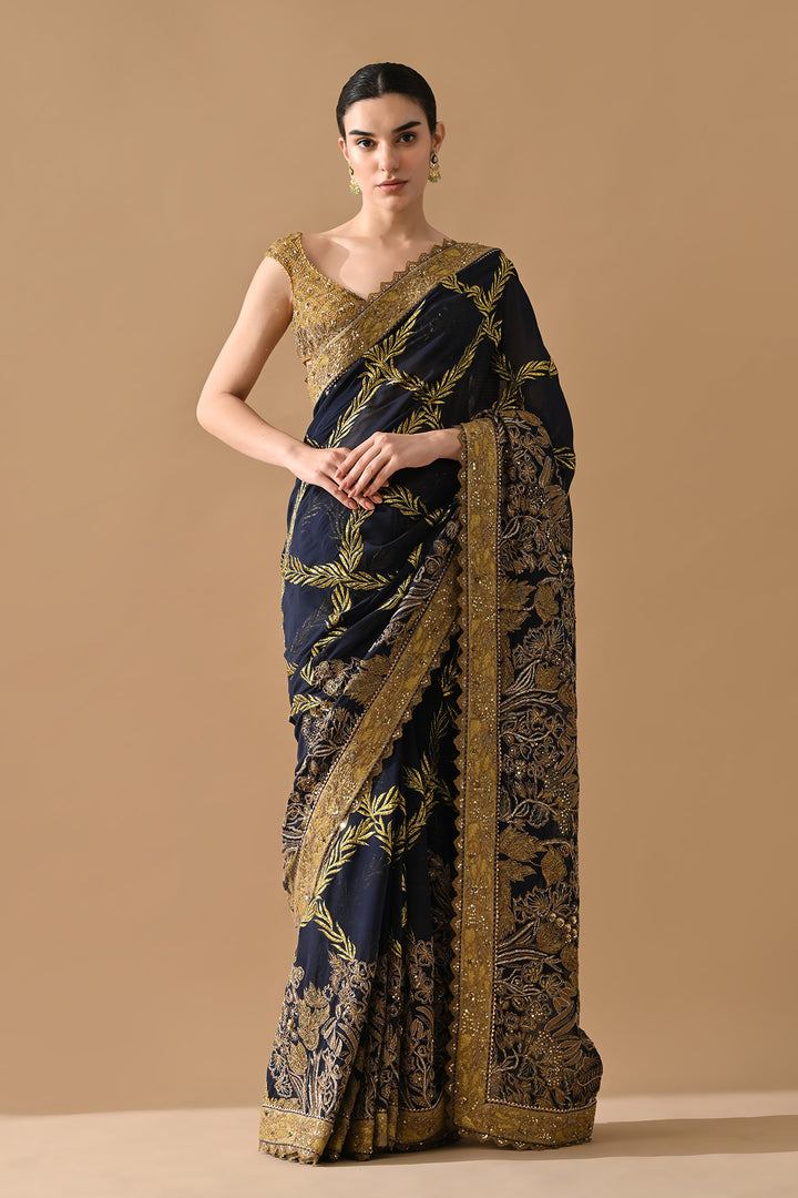 Midnight Navy Gold Thread Embroidered Saree