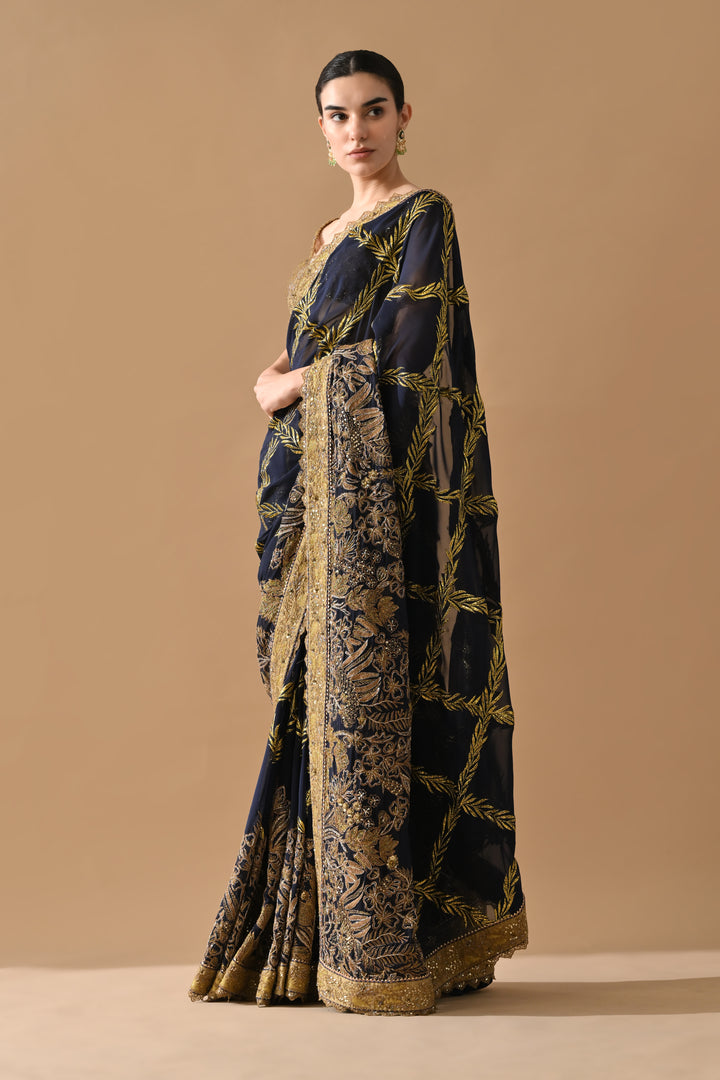 Midnight Navy Gold Thread Embroidered Saree