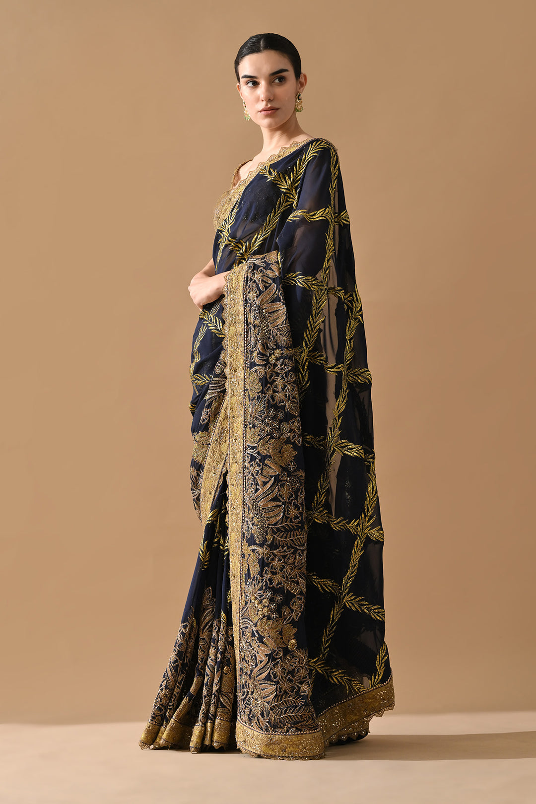 Midnight Navy Gold Thread Embroidered Saree