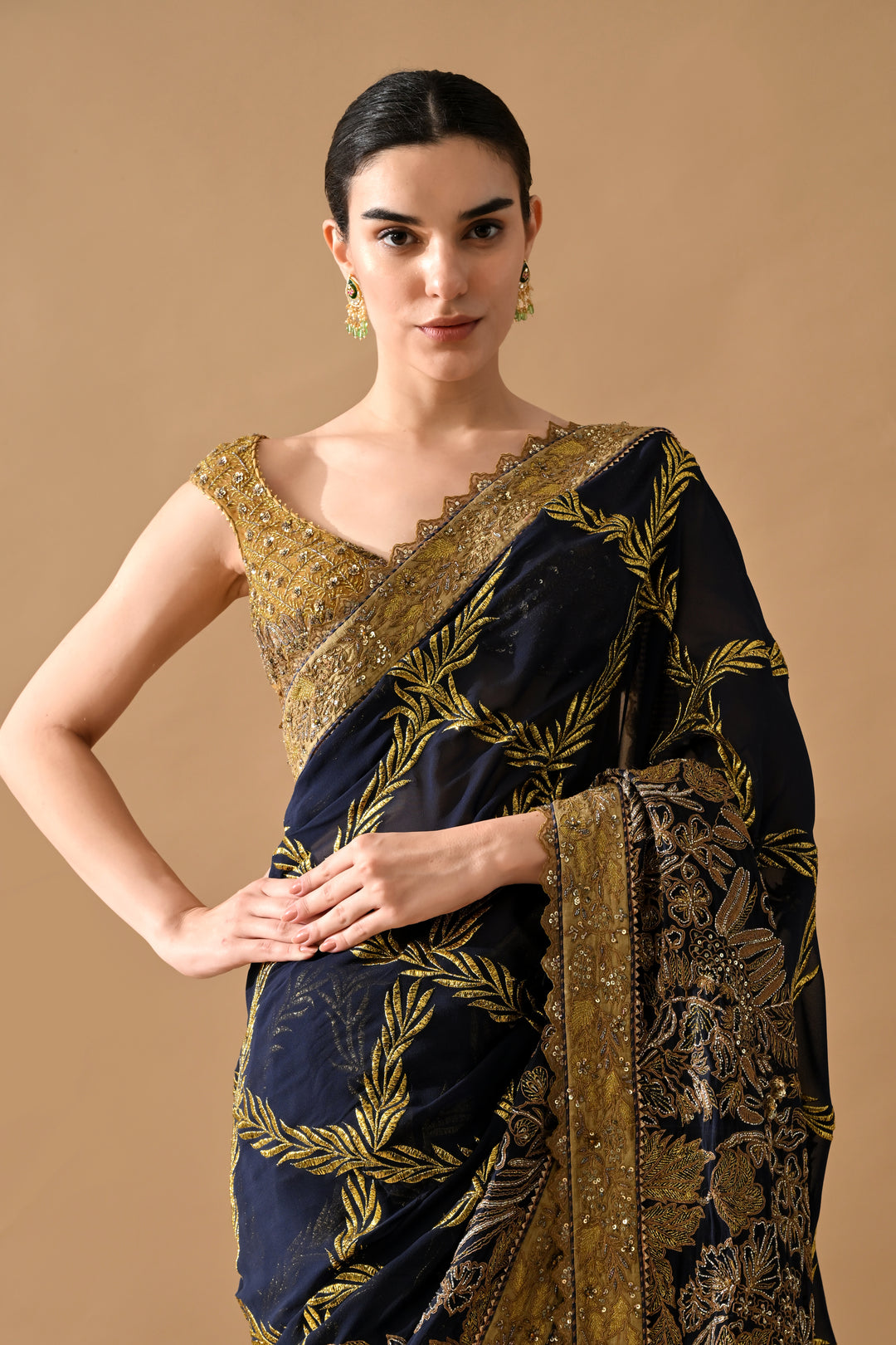 Midnight Navy Gold Thread Embroidered Saree