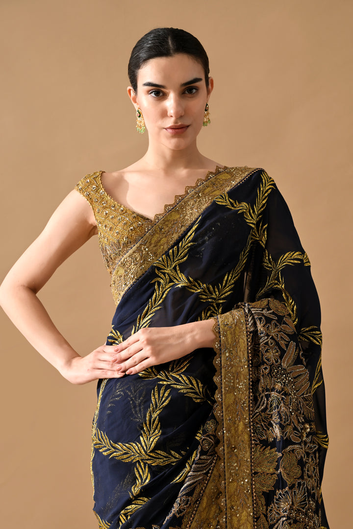 Midnight Navy Gold Thread Embroidered Saree