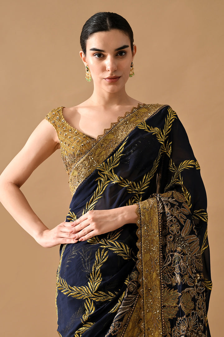 Midnight Navy Gold Thread Embroidered Saree