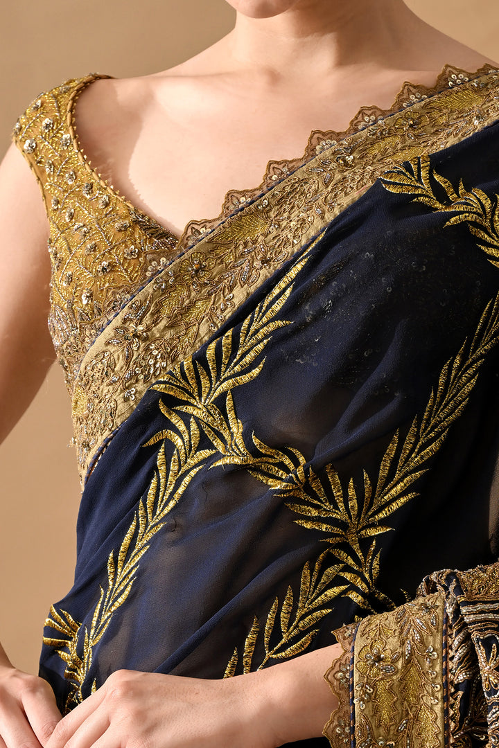 Midnight Navy Gold Thread Embroidered Saree