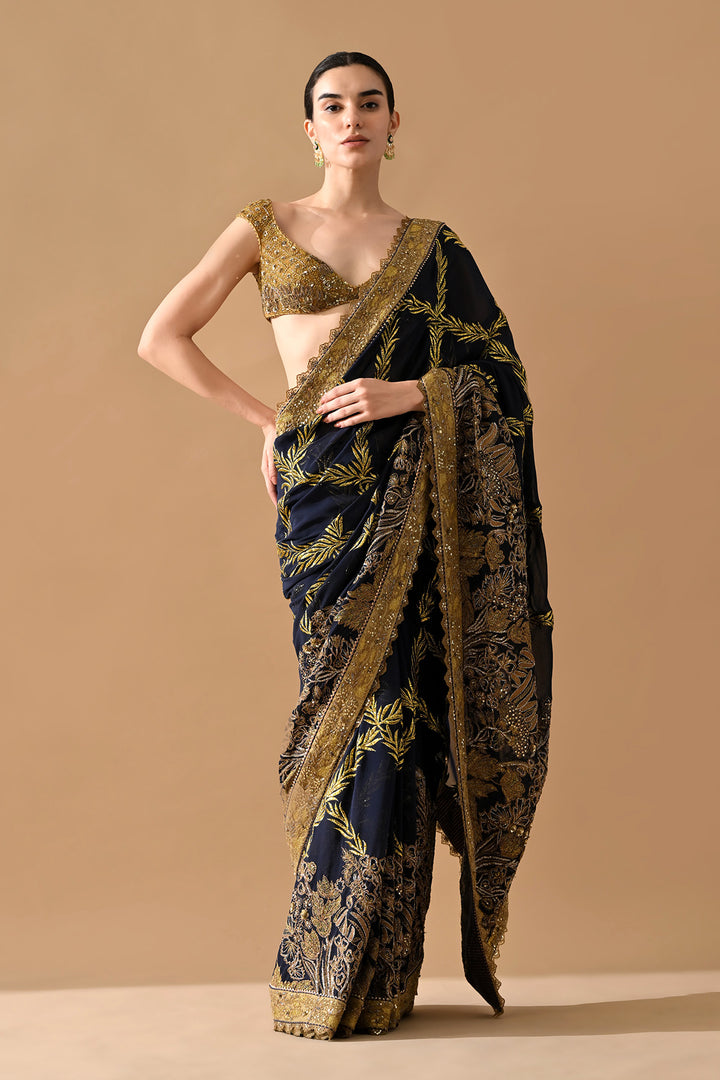 Midnight Navy Gold Thread Embroidered Saree