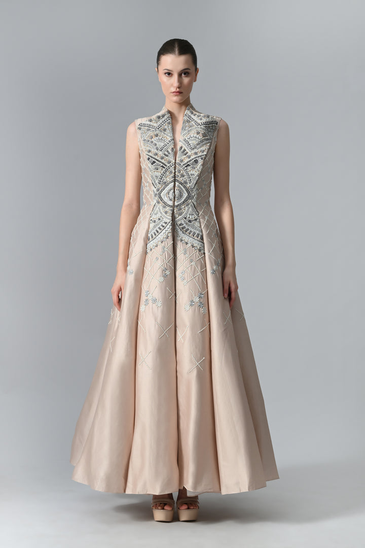Lapel Collar Embroidered Gown