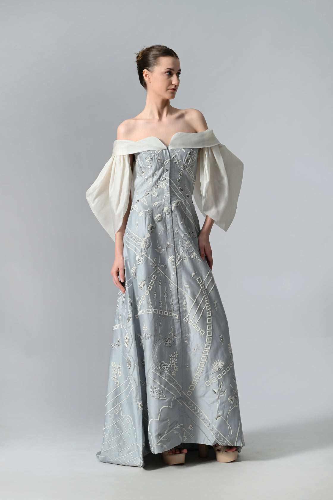 Cold-Shoulder Embroidered Gown