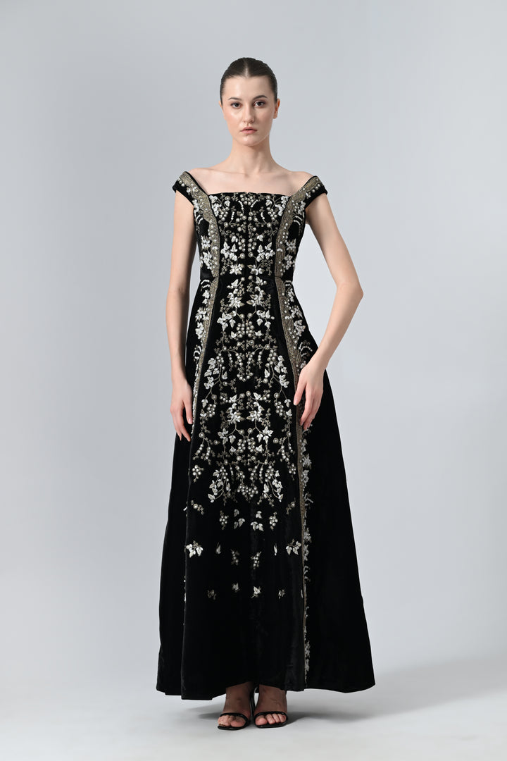 Paneled Bustier Embroidered Gown