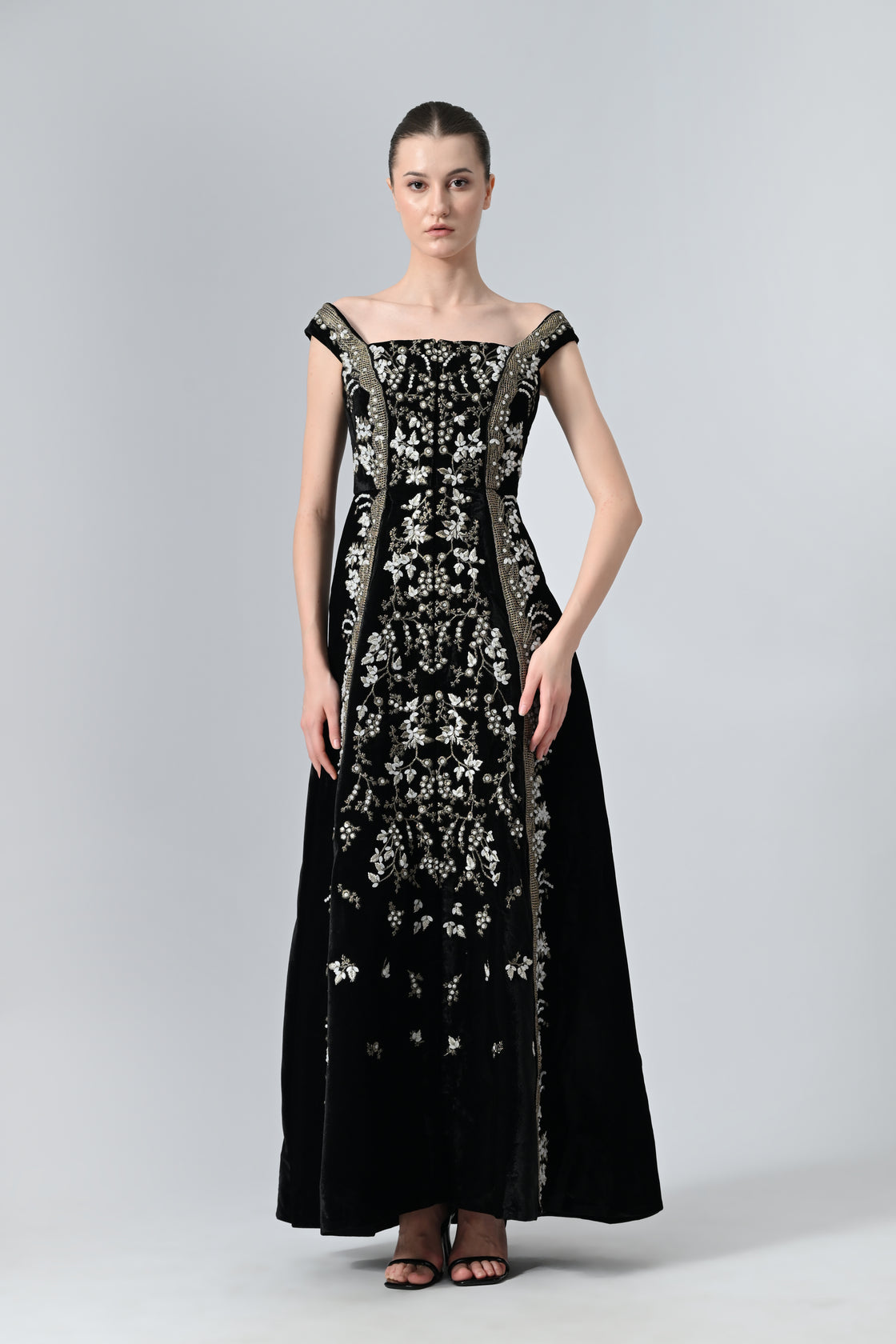 Paneled Bustier Embroidered Gown