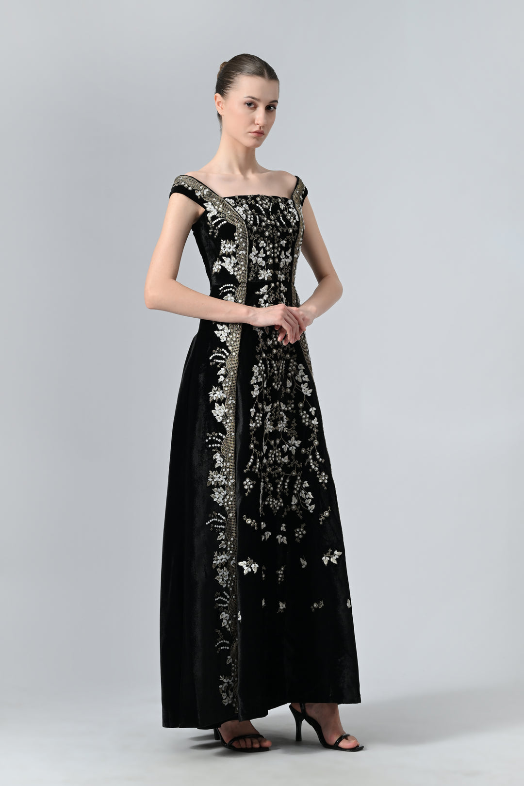 Paneled Bustier Embroidered Gown