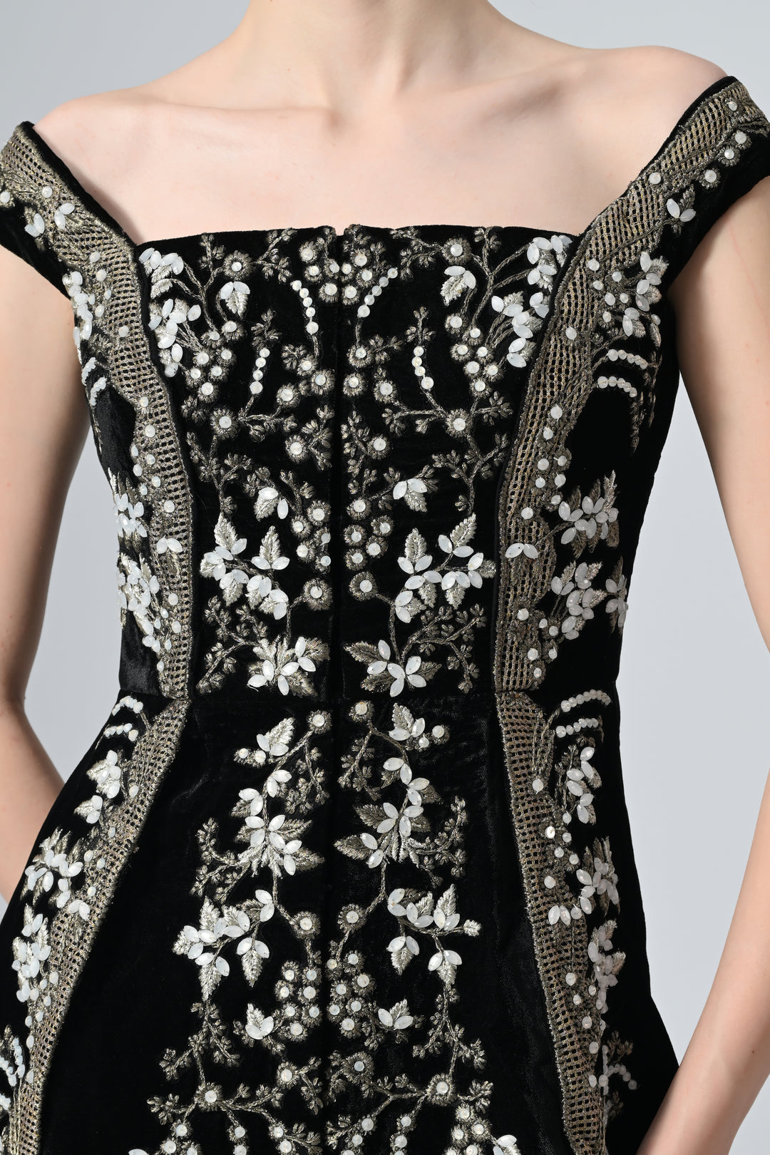 Paneled Bustier Embroidered Gown