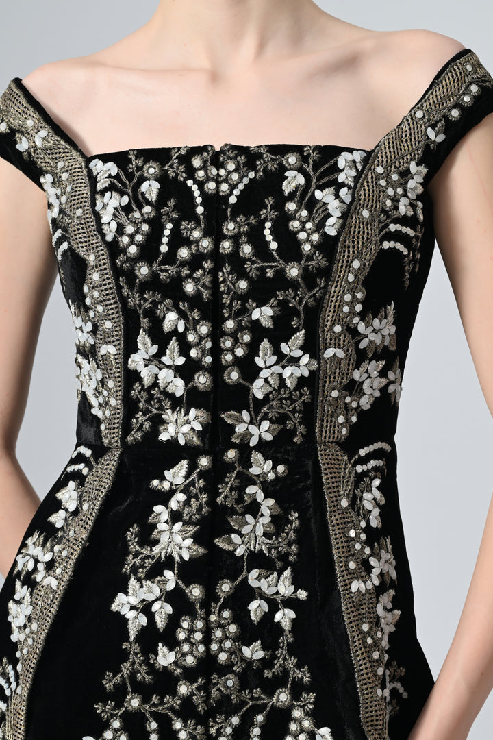 Paneled Bustier Embroidered Gown