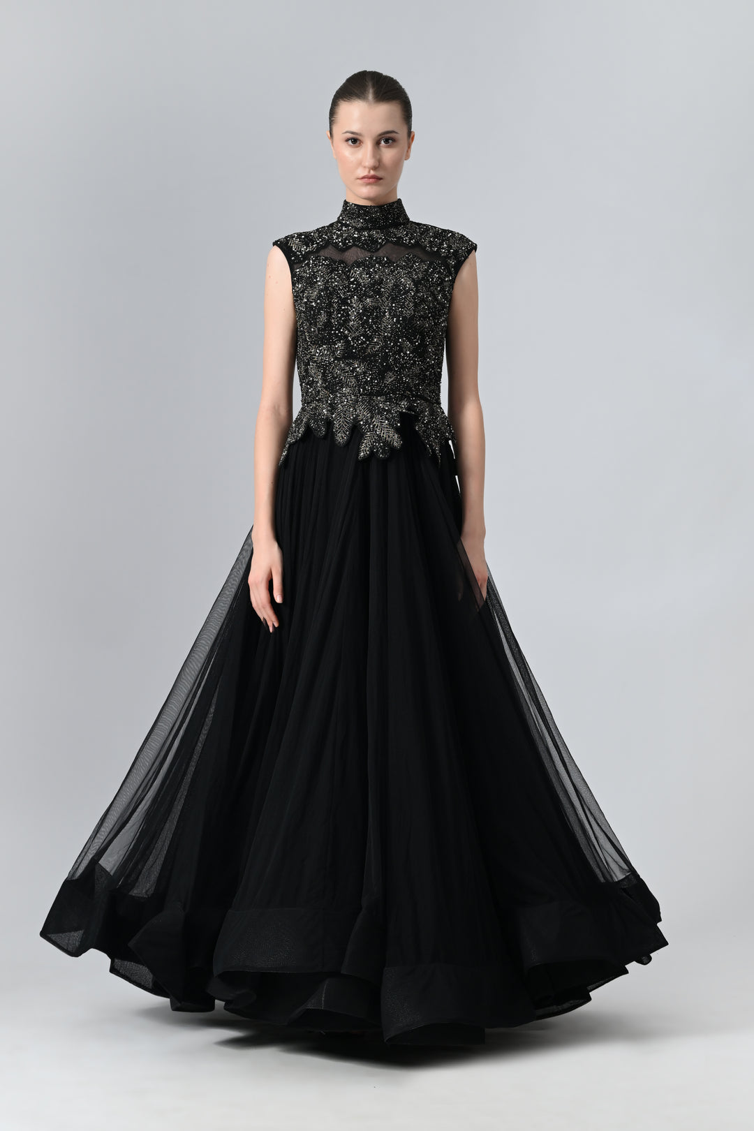 High-Neck Embroidered Gown