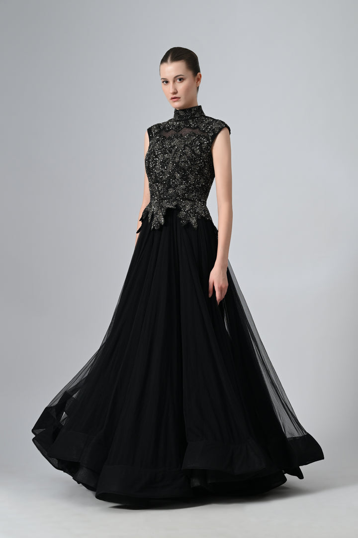 High-Neck Embroidered Gown