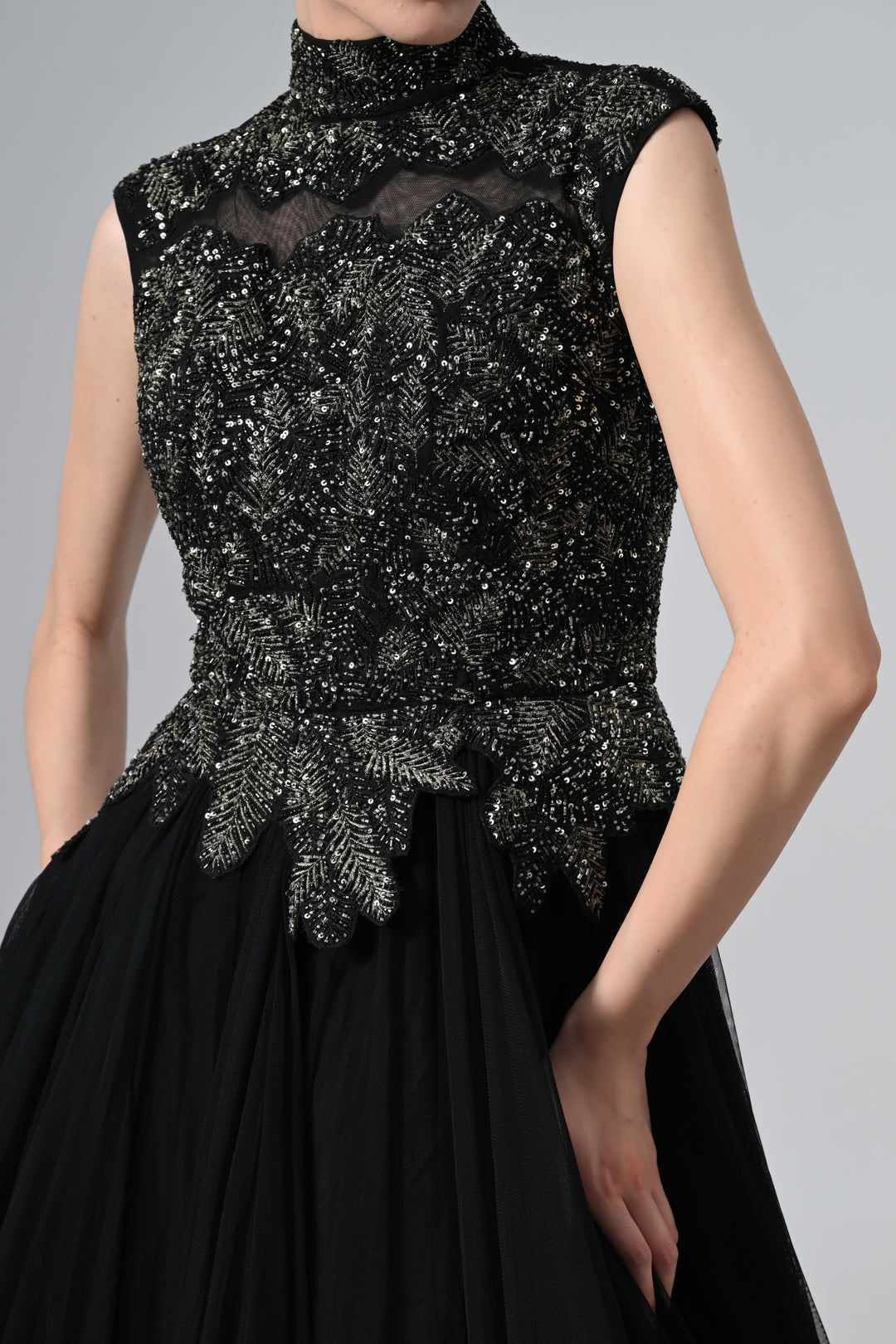 High-Neck Embroidered Gown