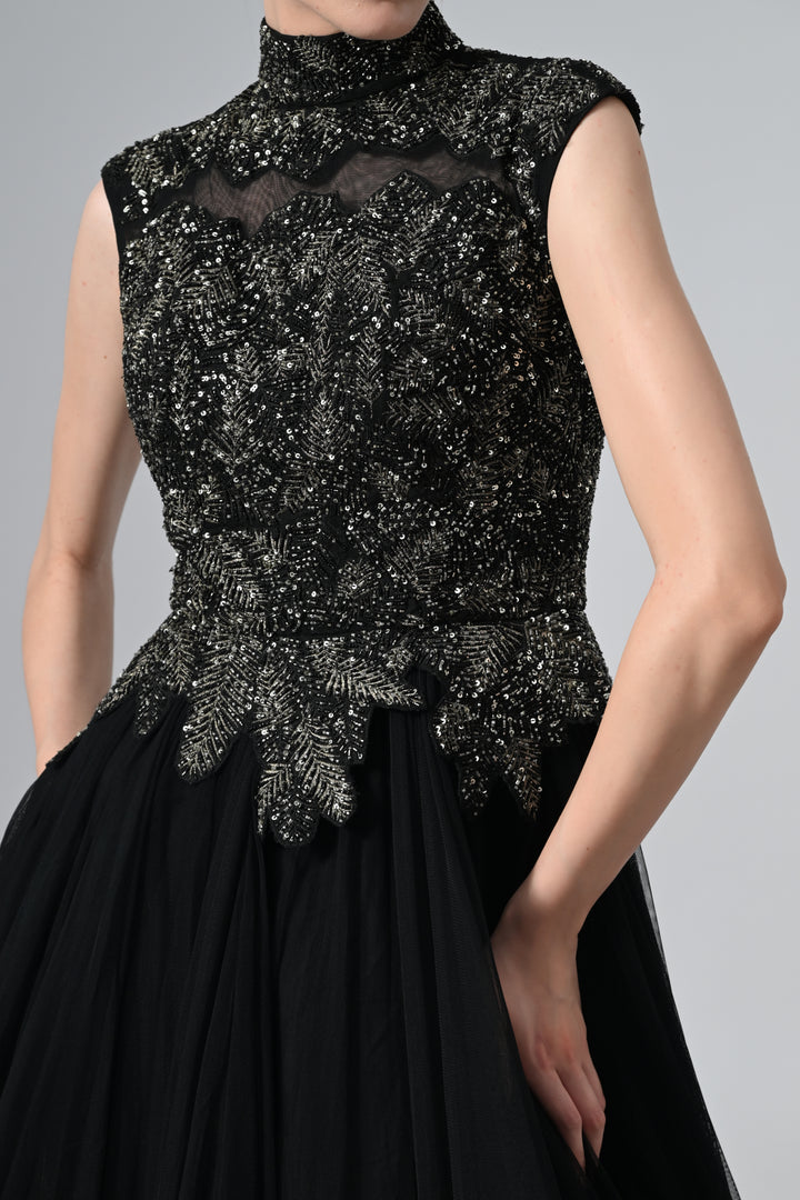 High-Neck Embroidered Gown