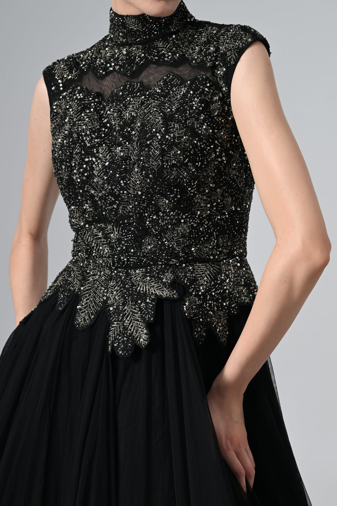High-Neck Embroidered Gown