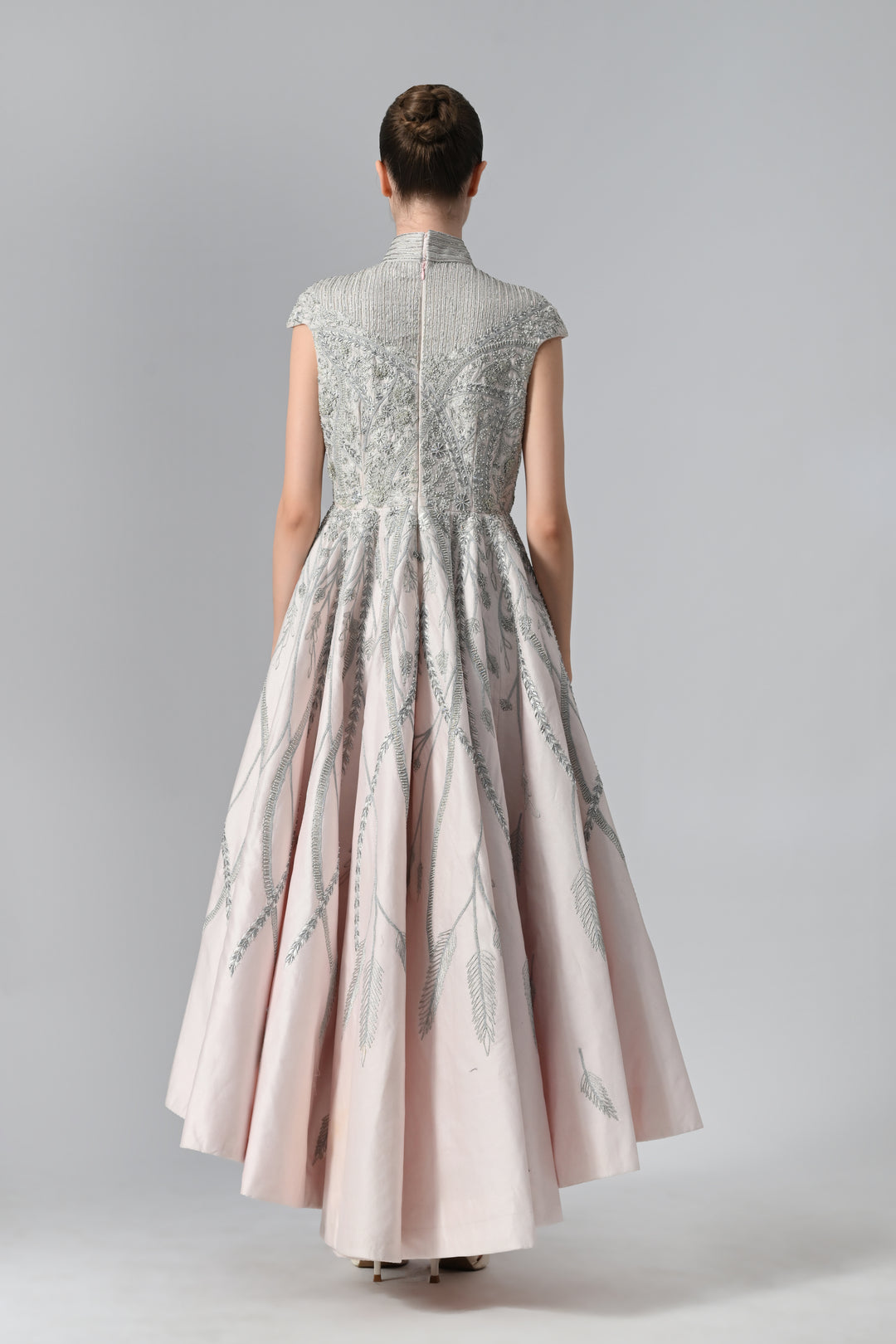 High-Low Cotton Silk Gown In Box Pleats And High Neck