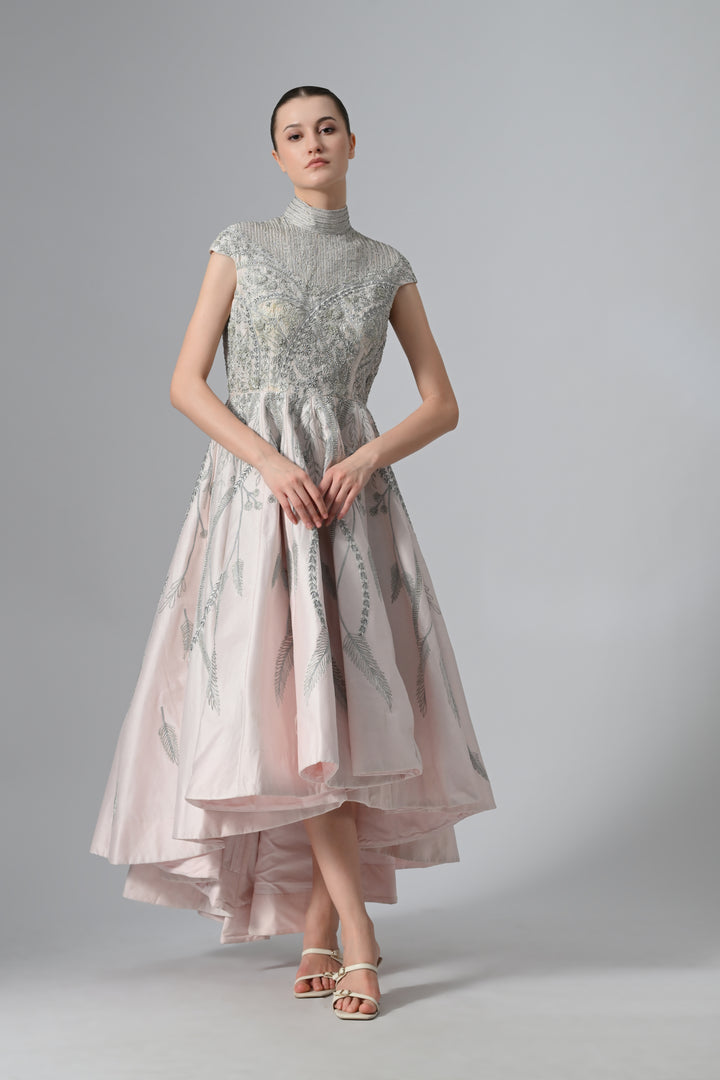 High-Low Cotton Silk Gown In Box Pleats And High Neck