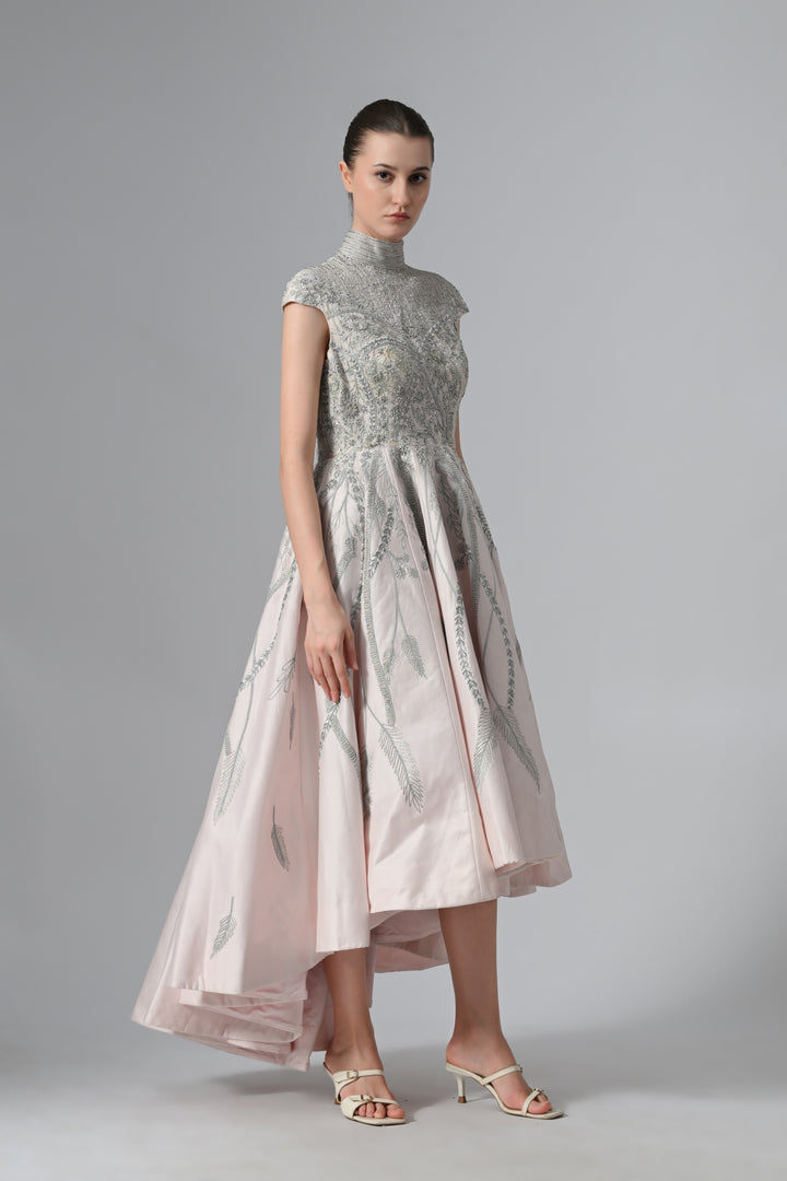 High-Low Cotton Silk Gown In Box Pleats And High Neck