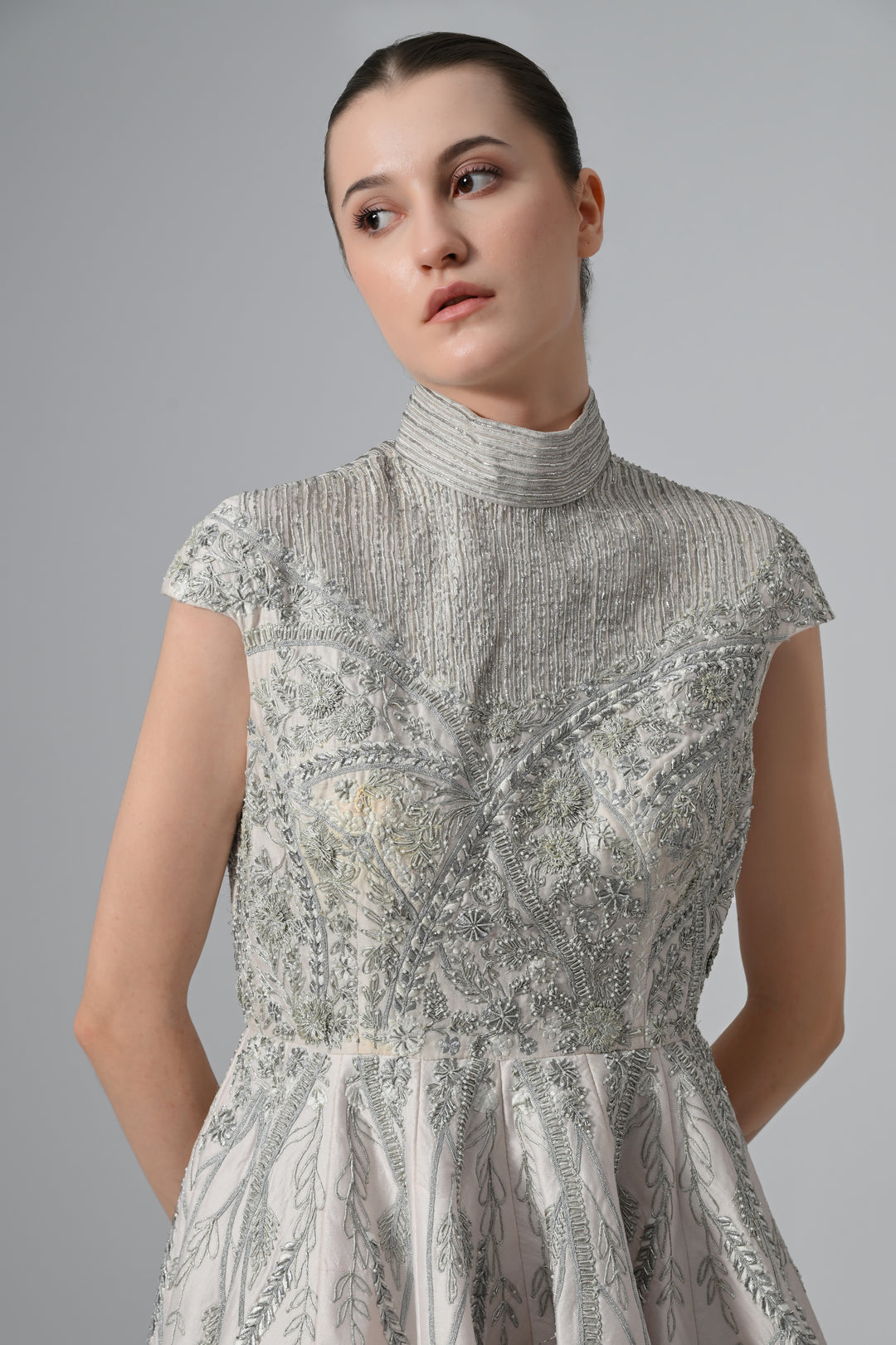 High-Low Cotton Silk Gown In Box Pleats And High Neck