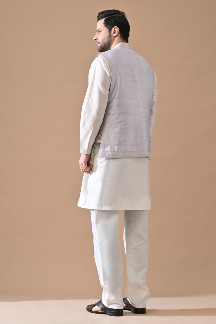 Soft Grey Waistcoat With Ornate Gold Threadwork