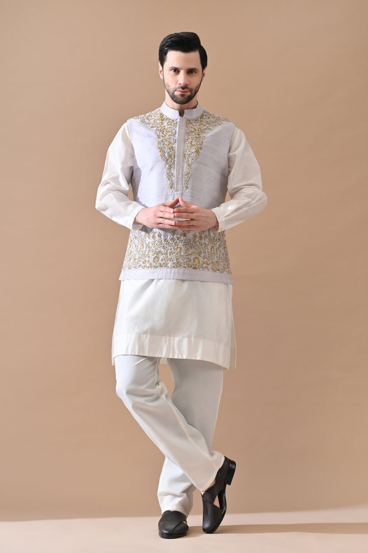 Soft Grey Waistcoat With Ornate Gold Threadwork
