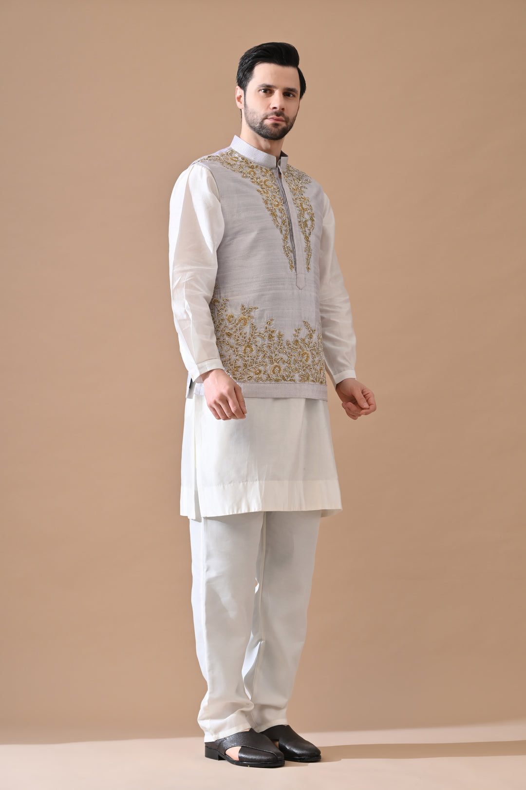 Soft Grey Waistcoat With Ornate Gold Threadwork