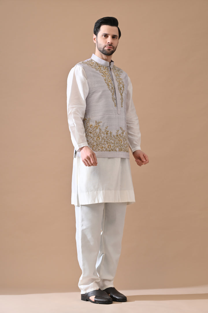 Soft Grey Waistcoat With Ornate Gold Threadwork