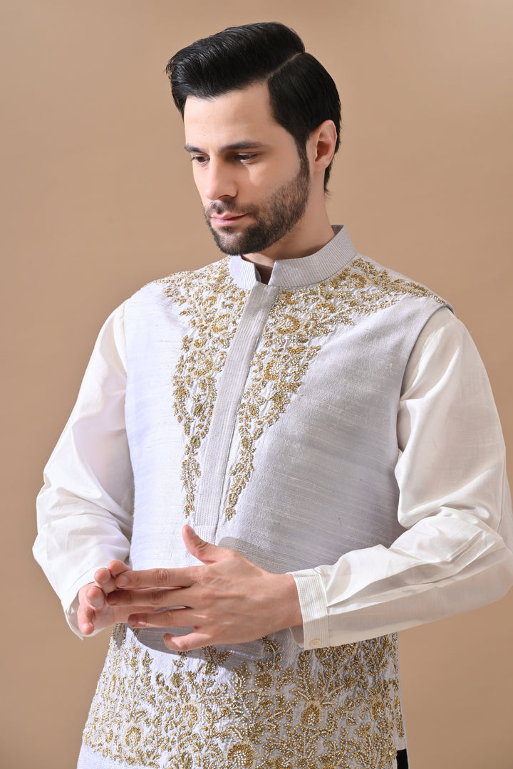 Soft Grey Waistcoat With Ornate Gold Threadwork