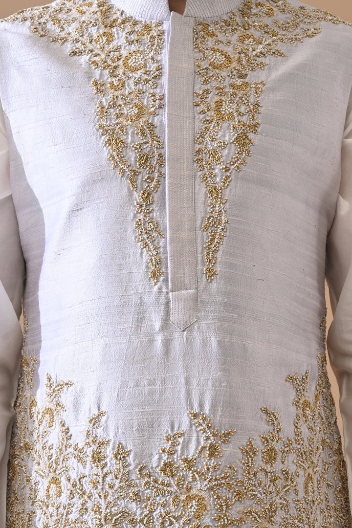 Soft Grey Waistcoat With Ornate Gold Threadwork