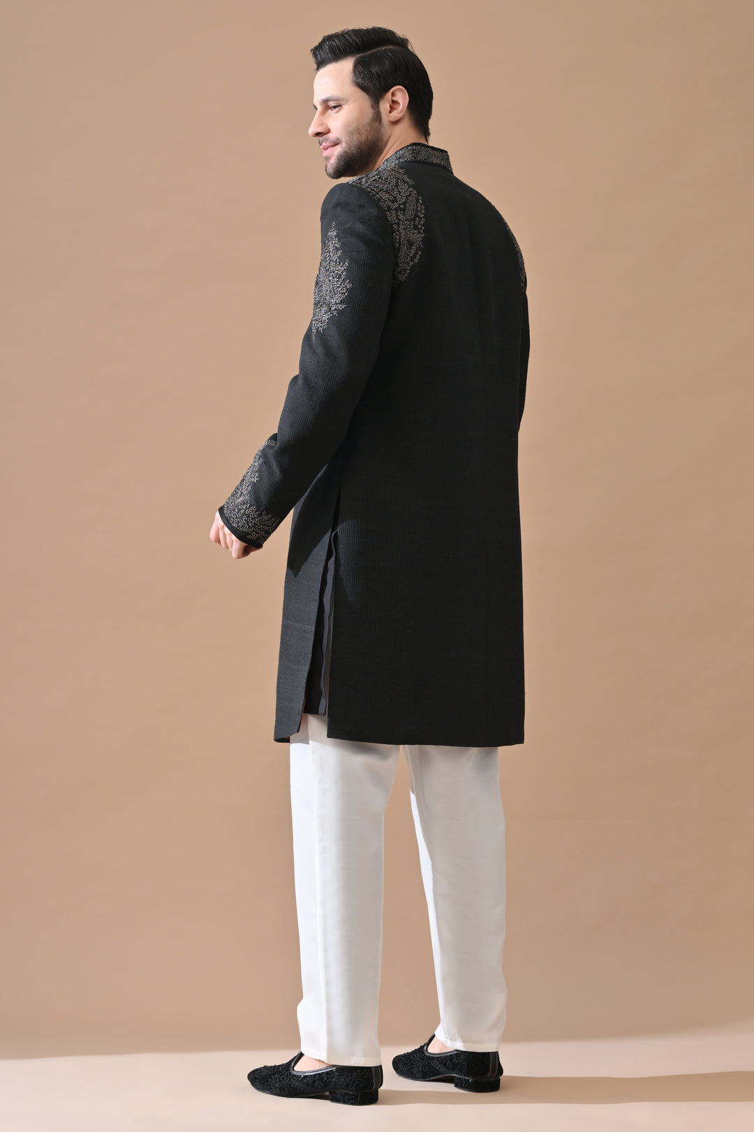 Black Classic Sherwani With Tonal Thread Embroidery