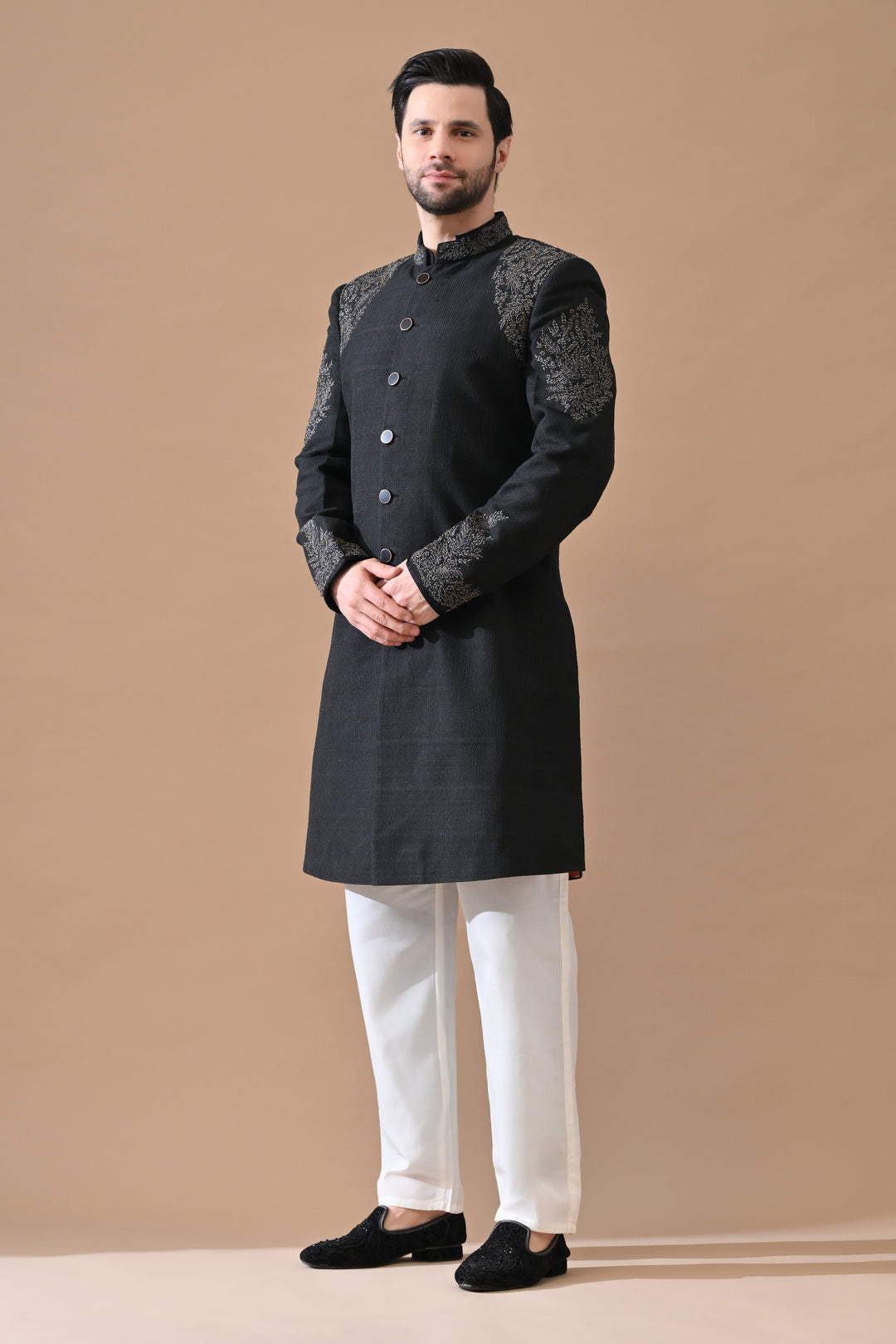 Black Classic Sherwani With Tonal Thread Embroidery