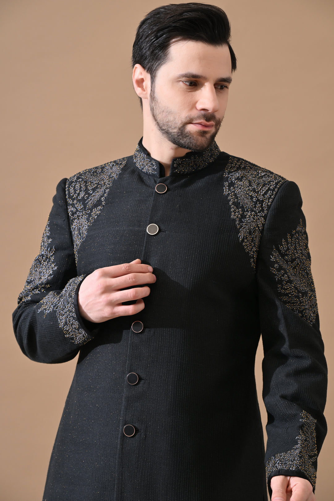 Black Classic Sherwani With Tonal Thread Embroidery