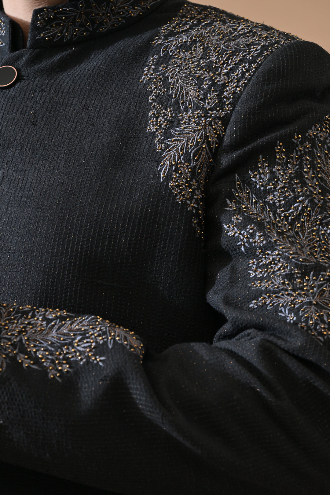 Black Classic Sherwani With Tonal Thread Embroidery
